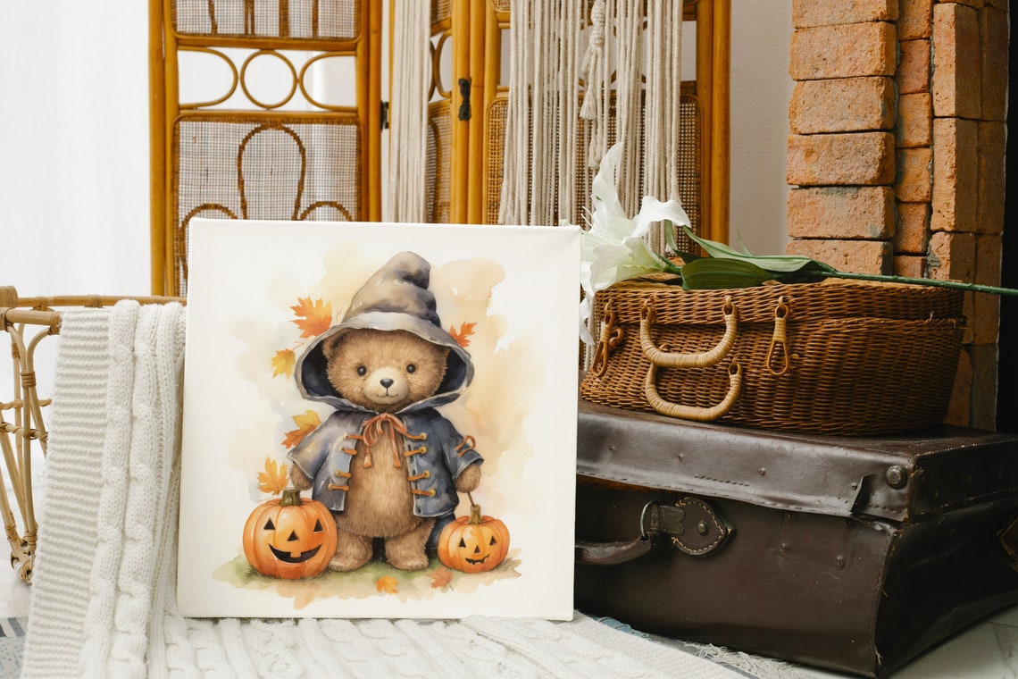 Cute Watercolor Autumn Teddy Bear with Jack O Lanterns Poster - Image 5