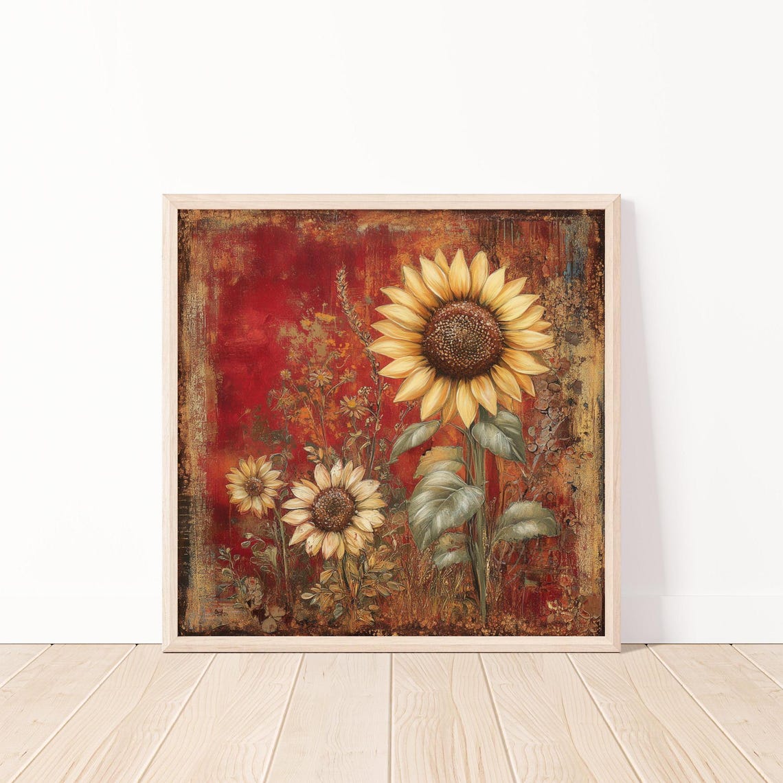 Giant Sunflower Trio Against a Bold Red Textured Backdrop Poster