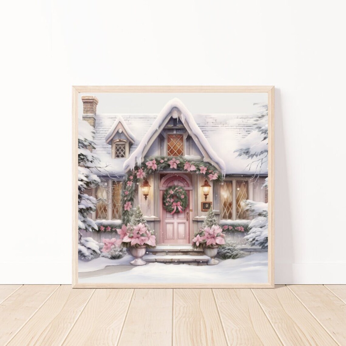 Watercolor Pink Country House at Christmas with Snow Poster Art