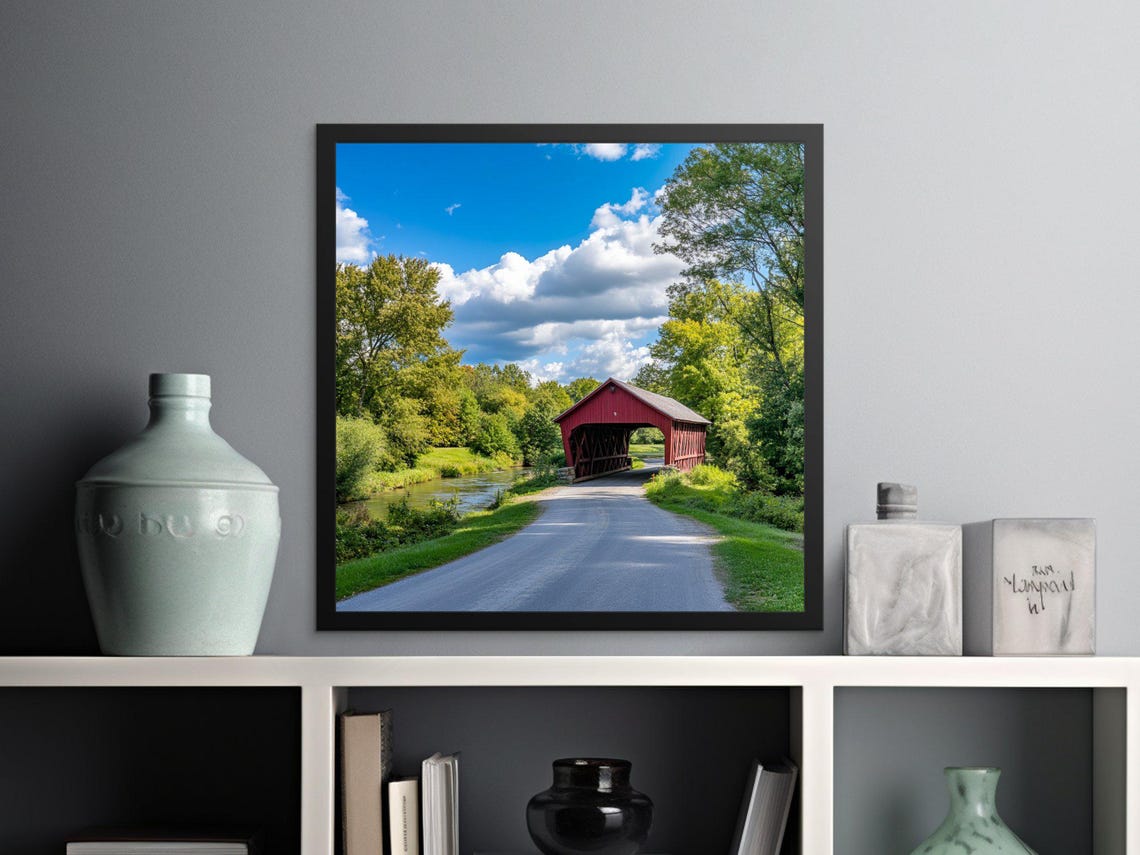 Red Covered Bridge Countryside River Road Scenic Summer Photo Poster - Image 2