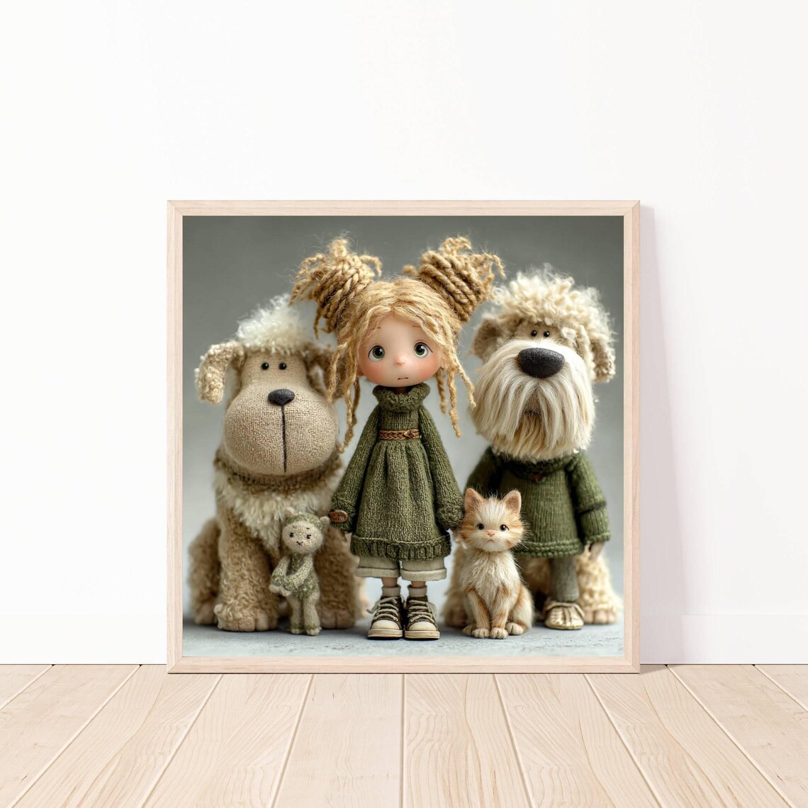 Boho Doll Girl With Plush Dogs Cat Art Print Cozy Nursery Wall Decor Gift