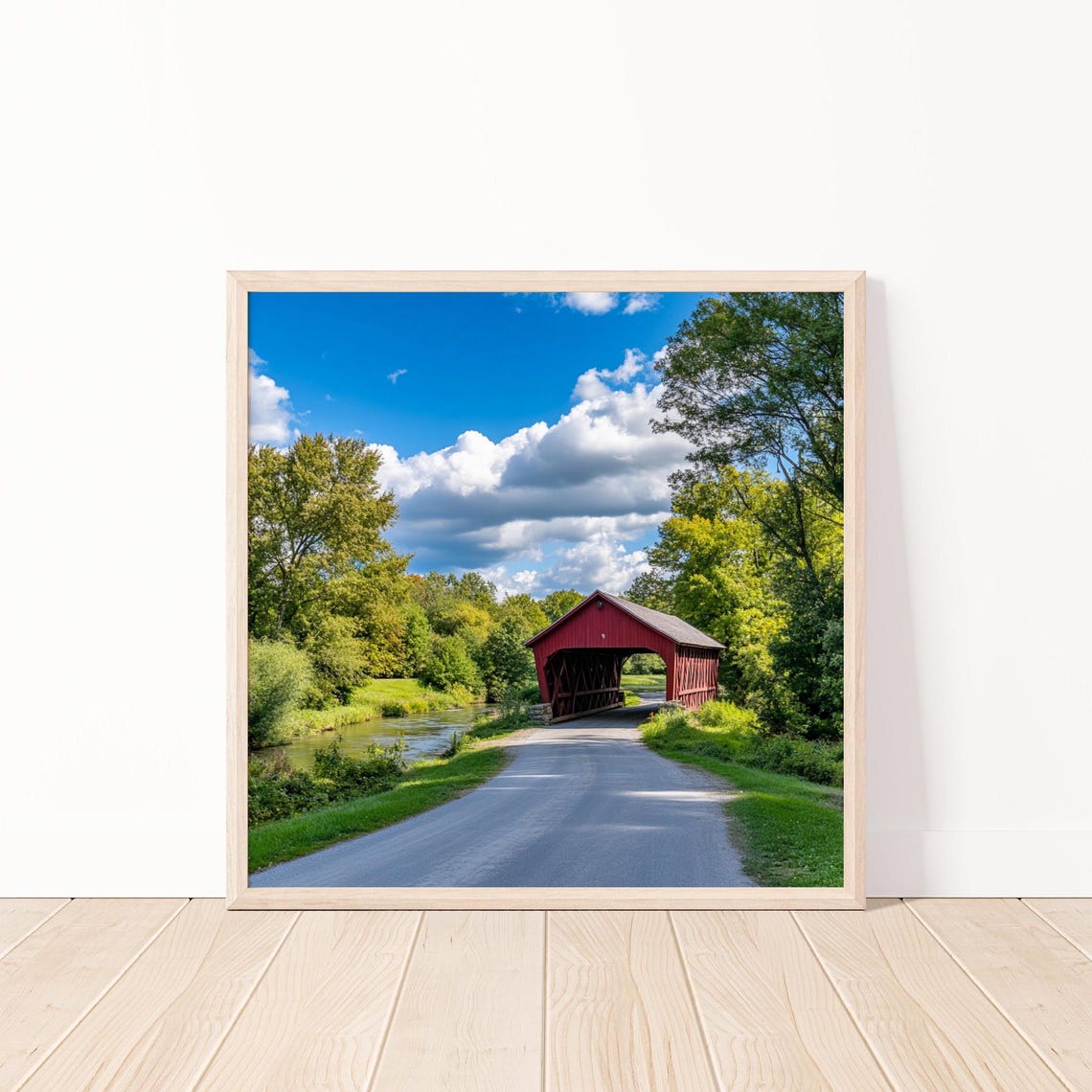 Red Covered Bridge Countryside River Road Scenic Summer Photo Poster