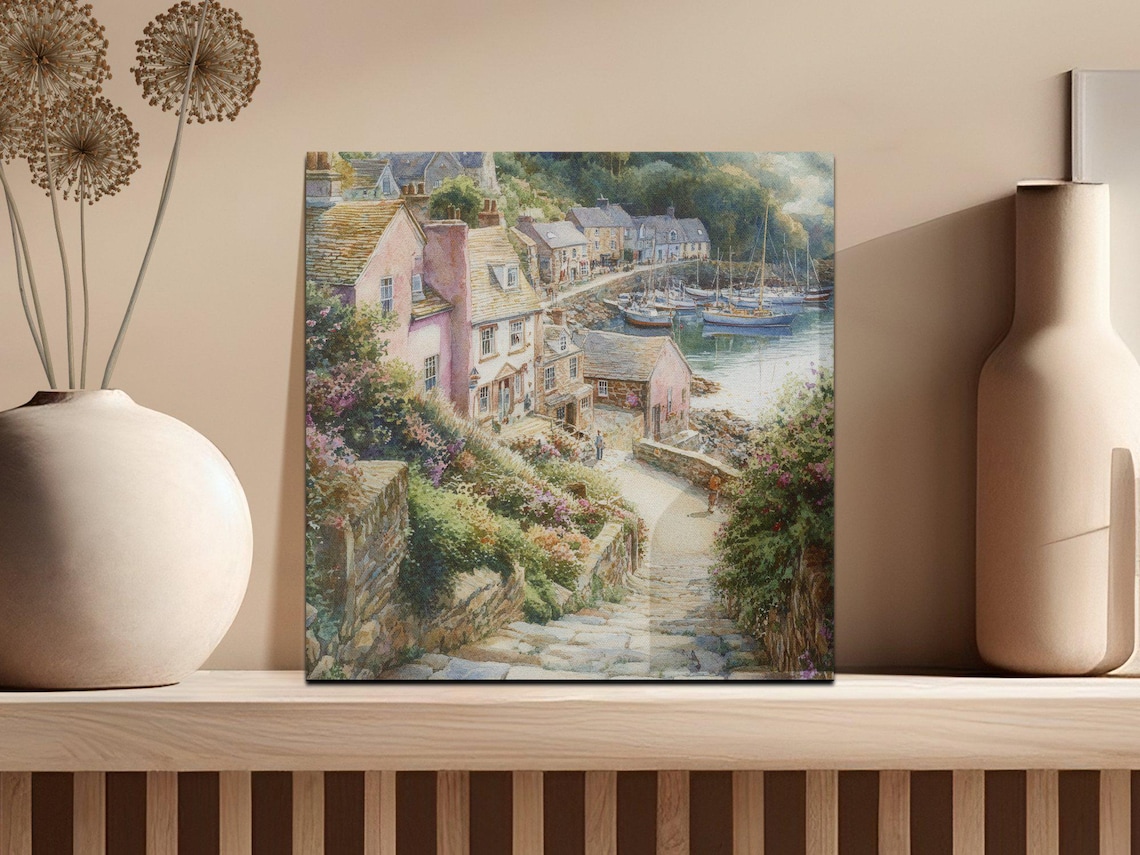Watercolor Fishing Village With Boats Anchored in the Harbor Poster - Image 2