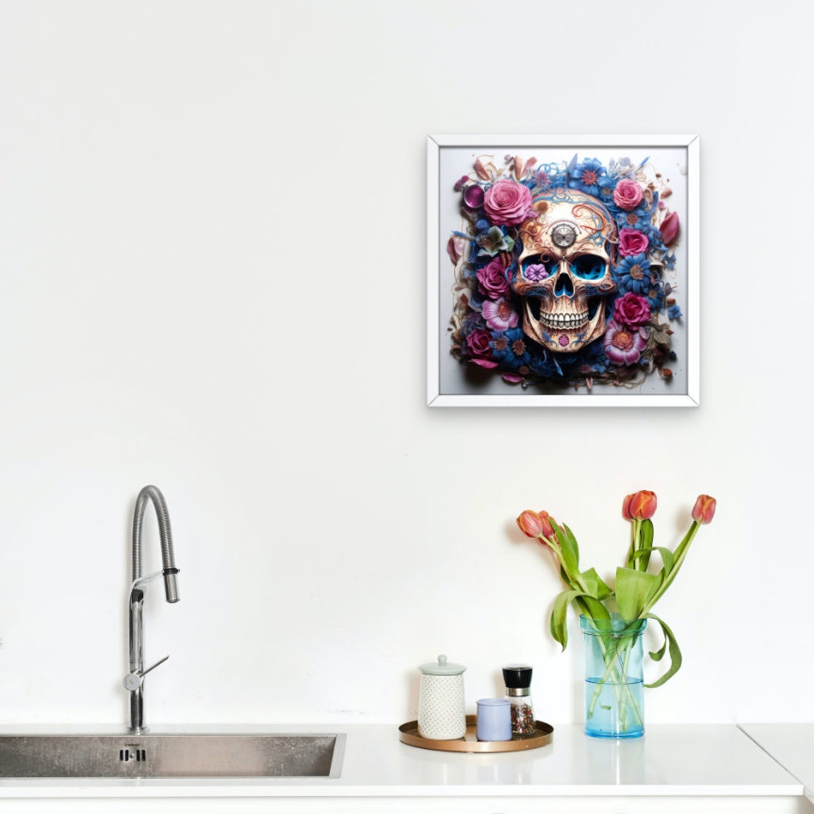 Gothic Sugar Skull with Colorful Flowers and Pocket Watch Poster - Image 4
