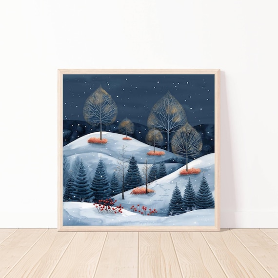 Snowy Winter Forest Hills Under a Starry Night Sky Watercolor Poster