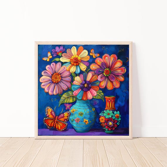Vibrant Floral Wall Art Butterfly And Flower Illustration Colorful Whimsical Print Abstract Home Decor 20x20