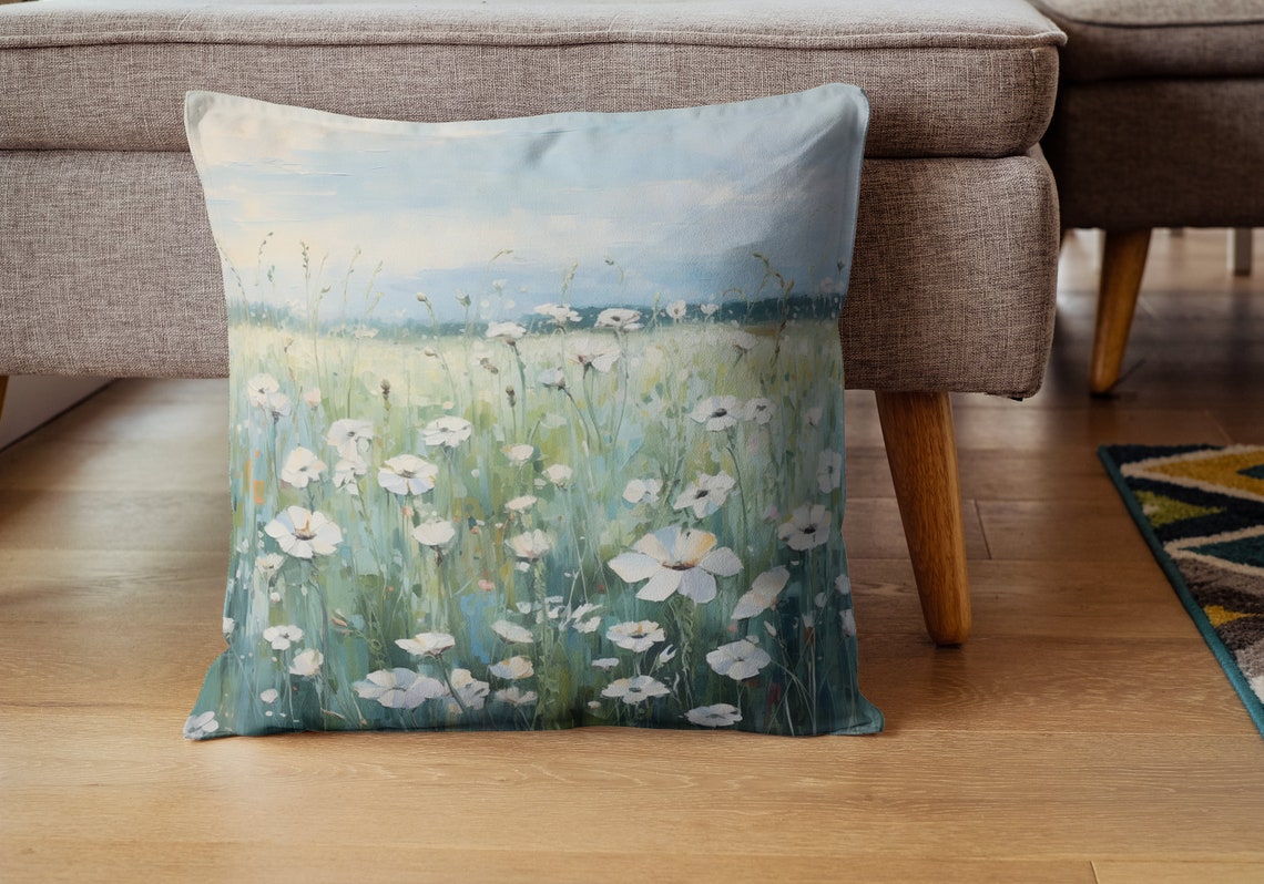 White Daisy Wildflower Field Soft Sky Impressionist Oil Art Poster - Image 4