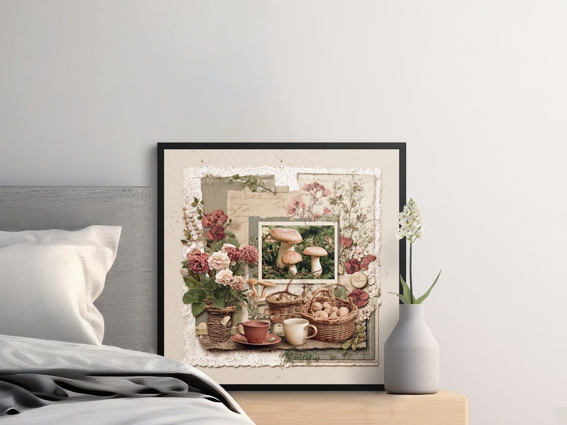 Vintage Mushroom Still Life Collage With Florals And Teacups Poster