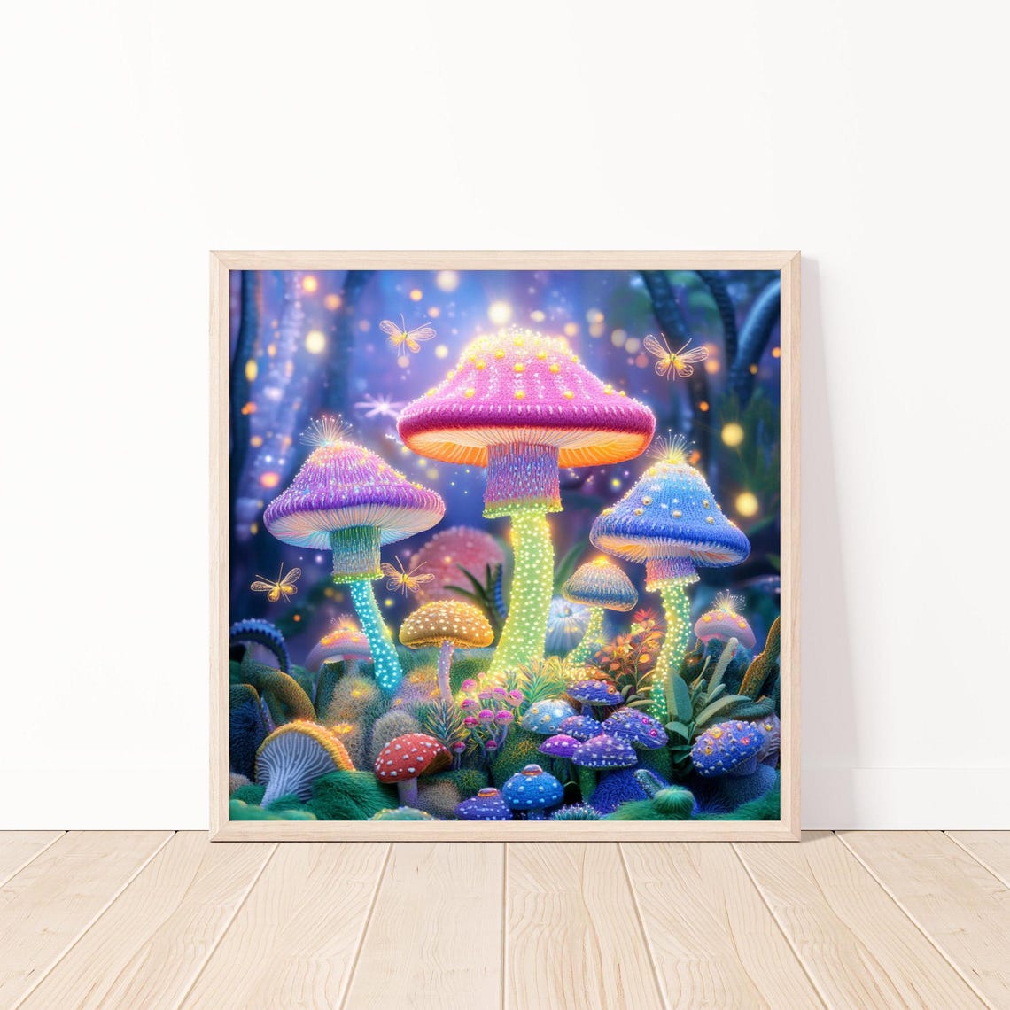 Magical Glowing Neon Mushrooms Night Forest Fantasy Fireflies Art Poster
