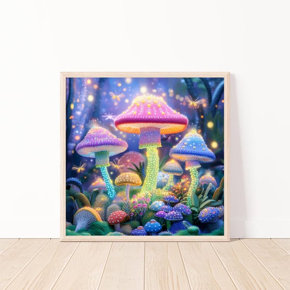Magical Glowing Neon Mushrooms Night Forest Fantasy Fireflies Art Poster