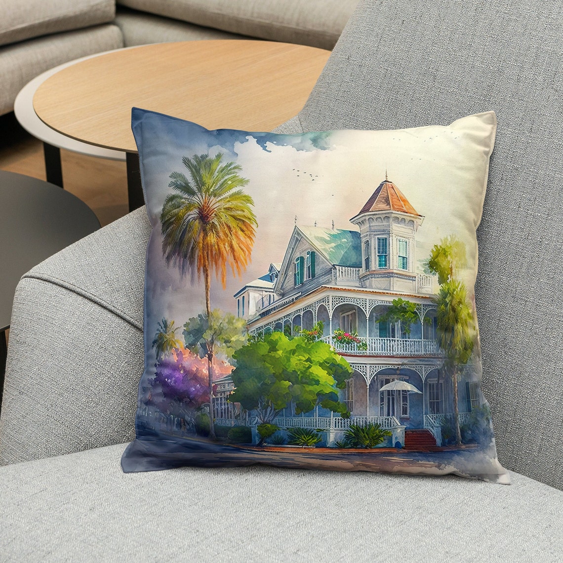Watercolor Victorian Mansion With Palm Trees Southern Charm Poster - Image 3