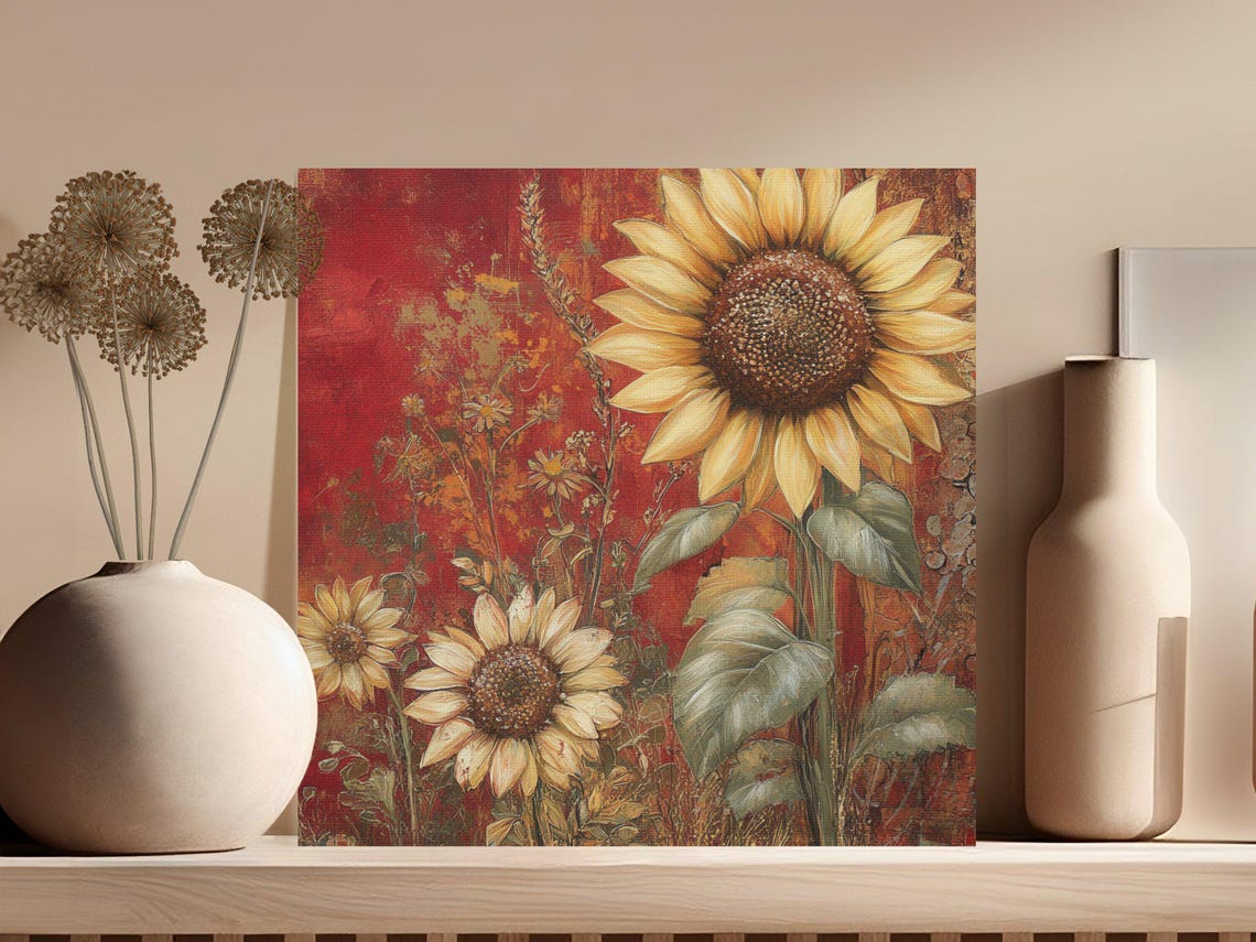 Giant Sunflower Trio Against a Bold Red Textured Backdrop Poster - Image 3