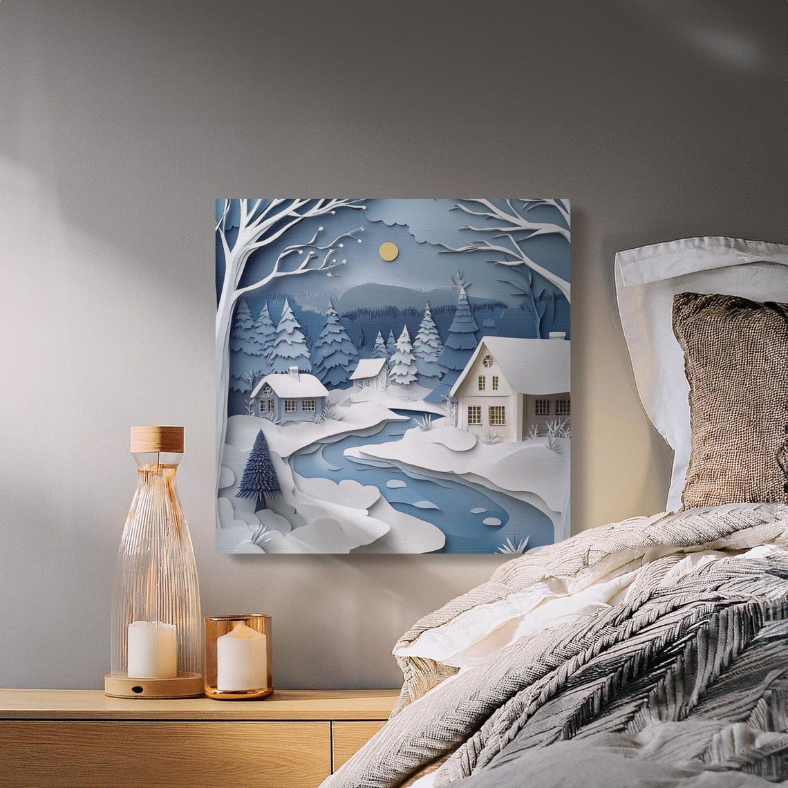 Paper Cut Winter Village With Snowy Cabins Under the Moon Poster - Image 4