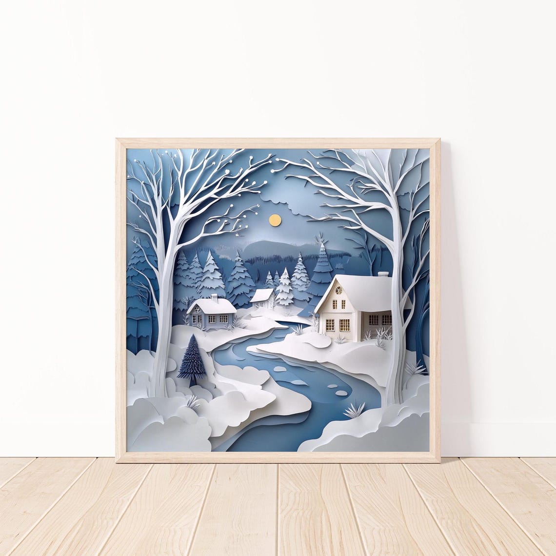 Paper Cut Winter Village With Snowy Cabins Under the Moon Poster