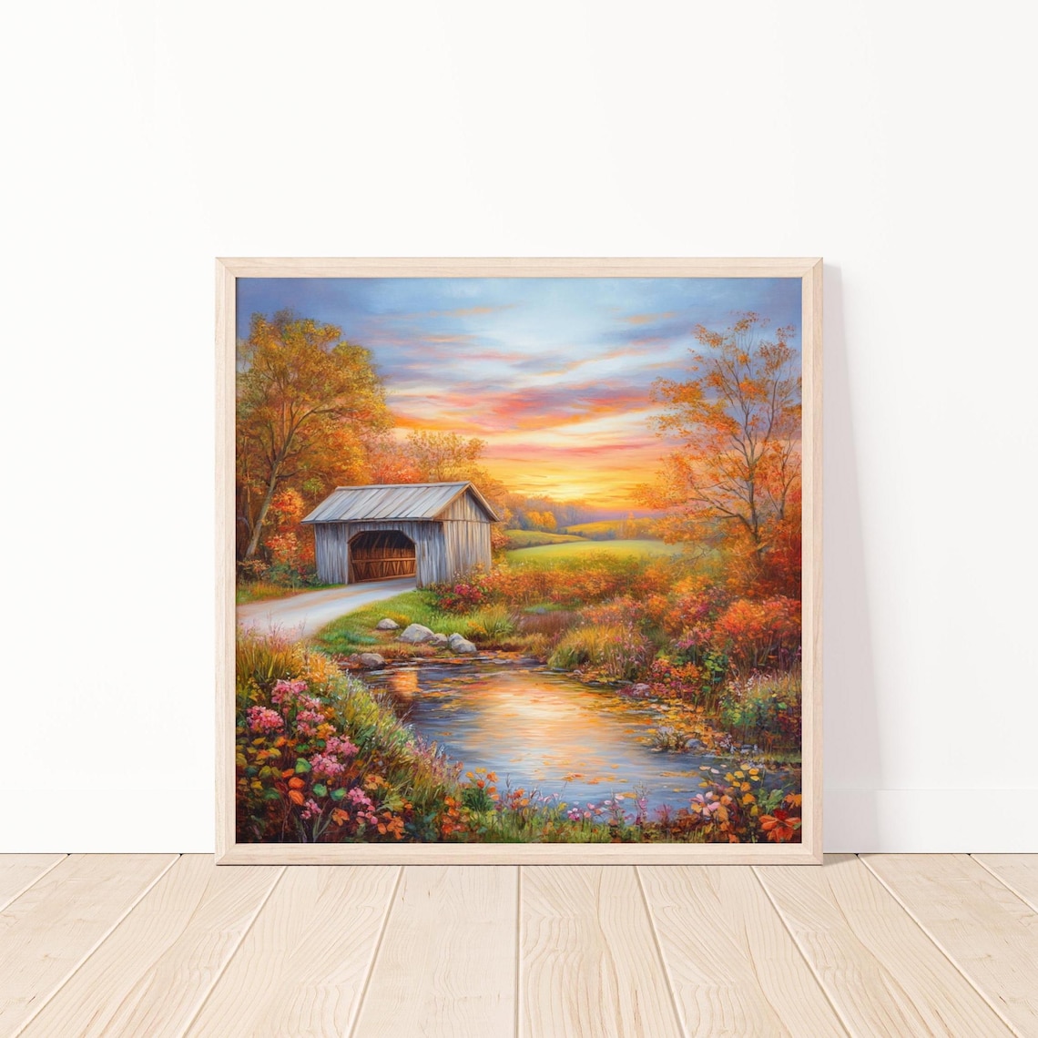 Rustic Covered Bridge Over Stream Blaze Of Autumn Sunset Landscape Poster