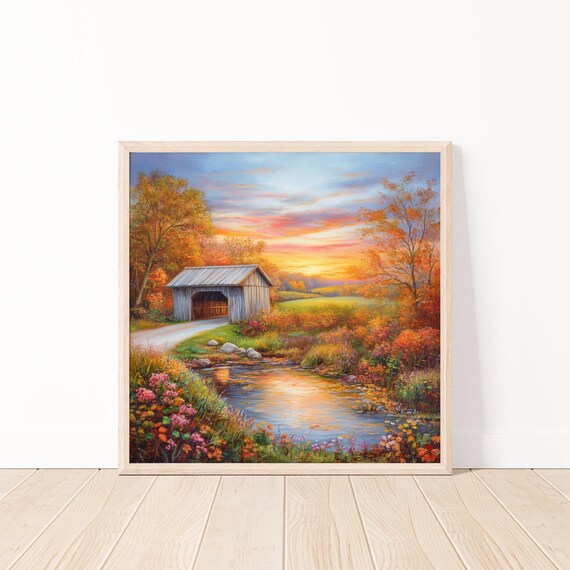 Rustic Covered Bridge Over Stream Blaze Of Autumn Sunset Landscape Poster