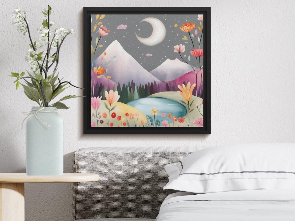 Whimsical Night Sky With Crescent Moon Over Mountain Lake Poster - Image 4