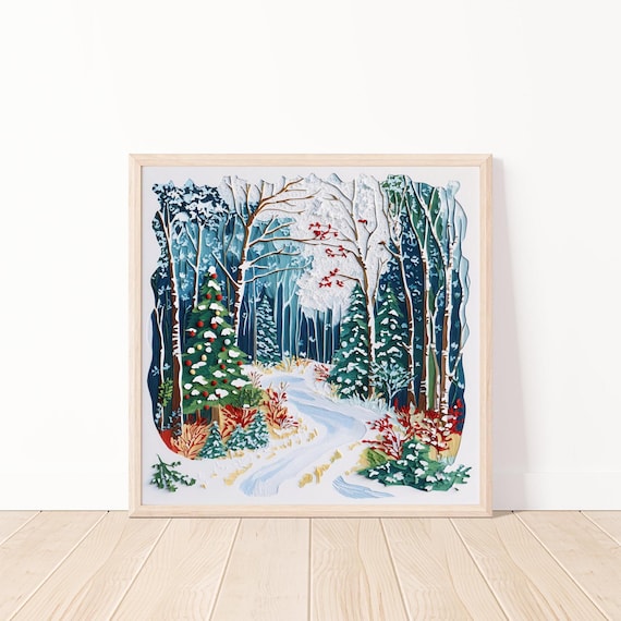 Winter Forest Path Snowy Evergreen Textured Oil Painting Poster