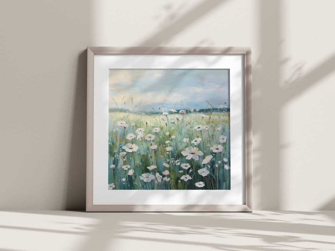 White Daisy Wildflower Field Soft Sky Impressionist Oil Art Poster - Image 5