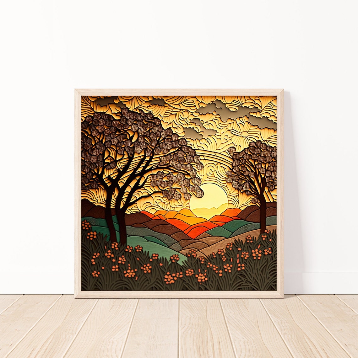 Golden Sunset Over Layered Paper Hills With Tree Silhouettes Wall Art
