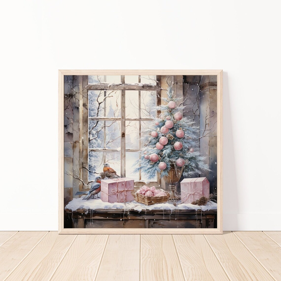 Pink Christmas Tree Snowy Windowsill Birds Holiday Watercolor Poster