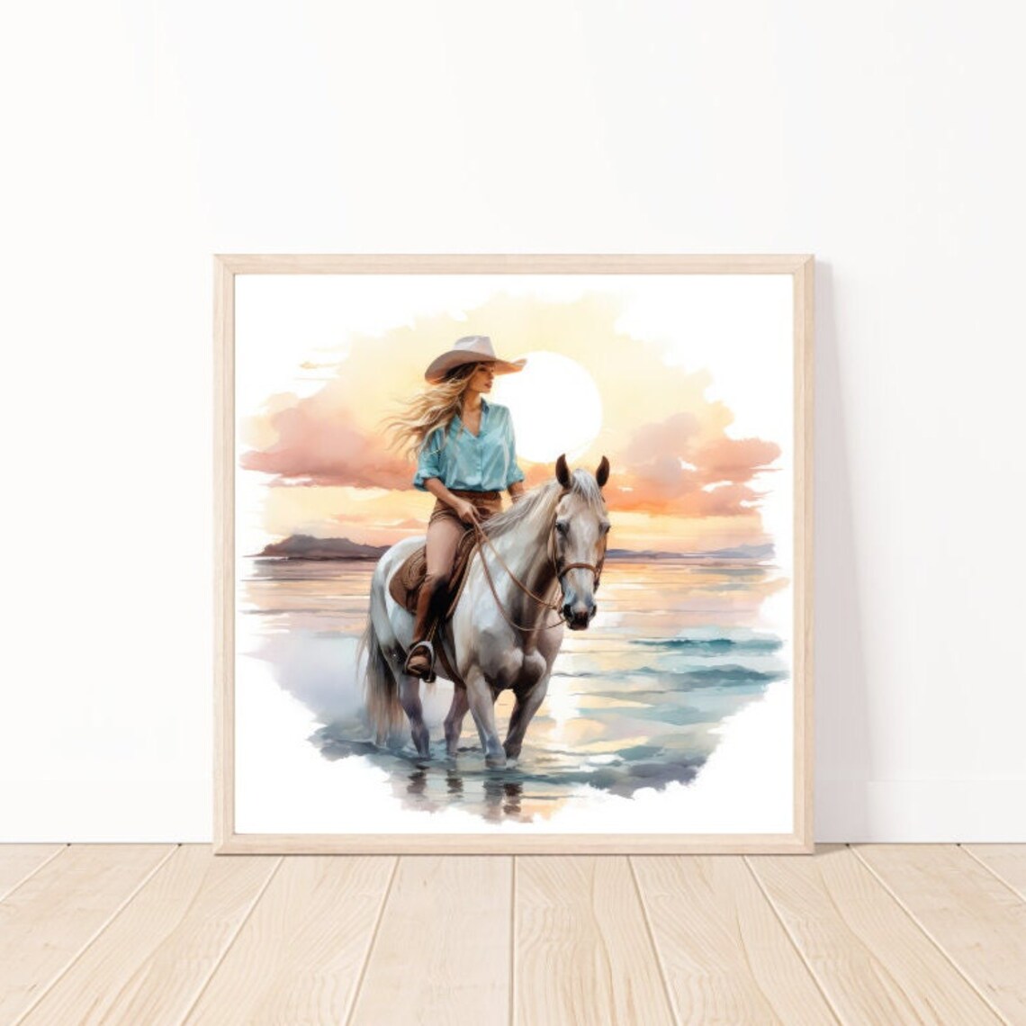 Cowgirl Riding White Horse on the Beach at Golden Sunset Poster