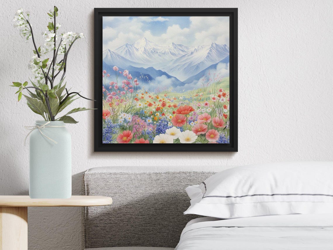 Alpine Wildflower Meadow Snow Capped Peaks Scenic Mountain Art Poster - Image 3