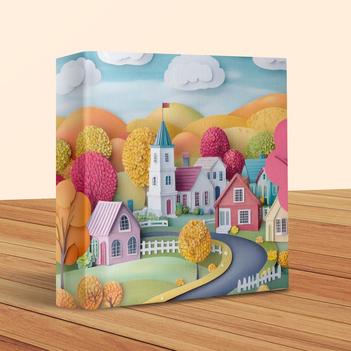 Paper Cut Autumn Village With White Church and Fall Trees Poster - Image 2