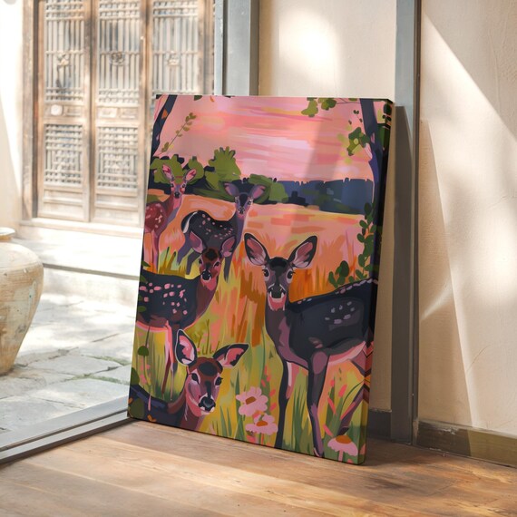 Deer Family Grazing in a Sunset Meadow of Wildflowers Poster