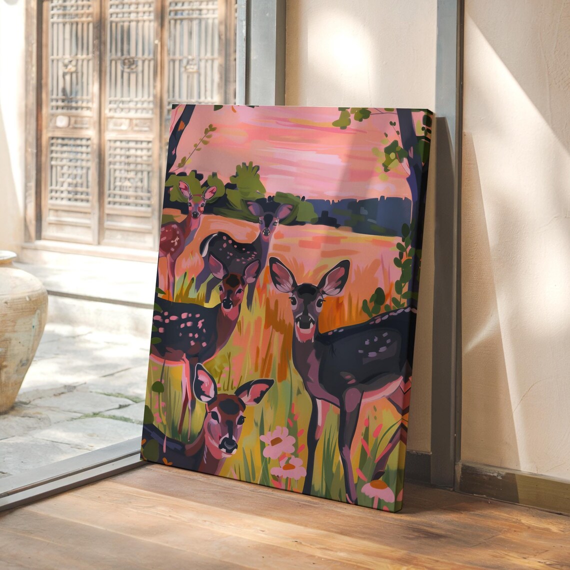 Deer Family Grazing in a Sunset Meadow of Wildflowers Poster