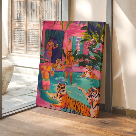 Joyful Tigers and Friends Throwing a Summer Pool Party Poster