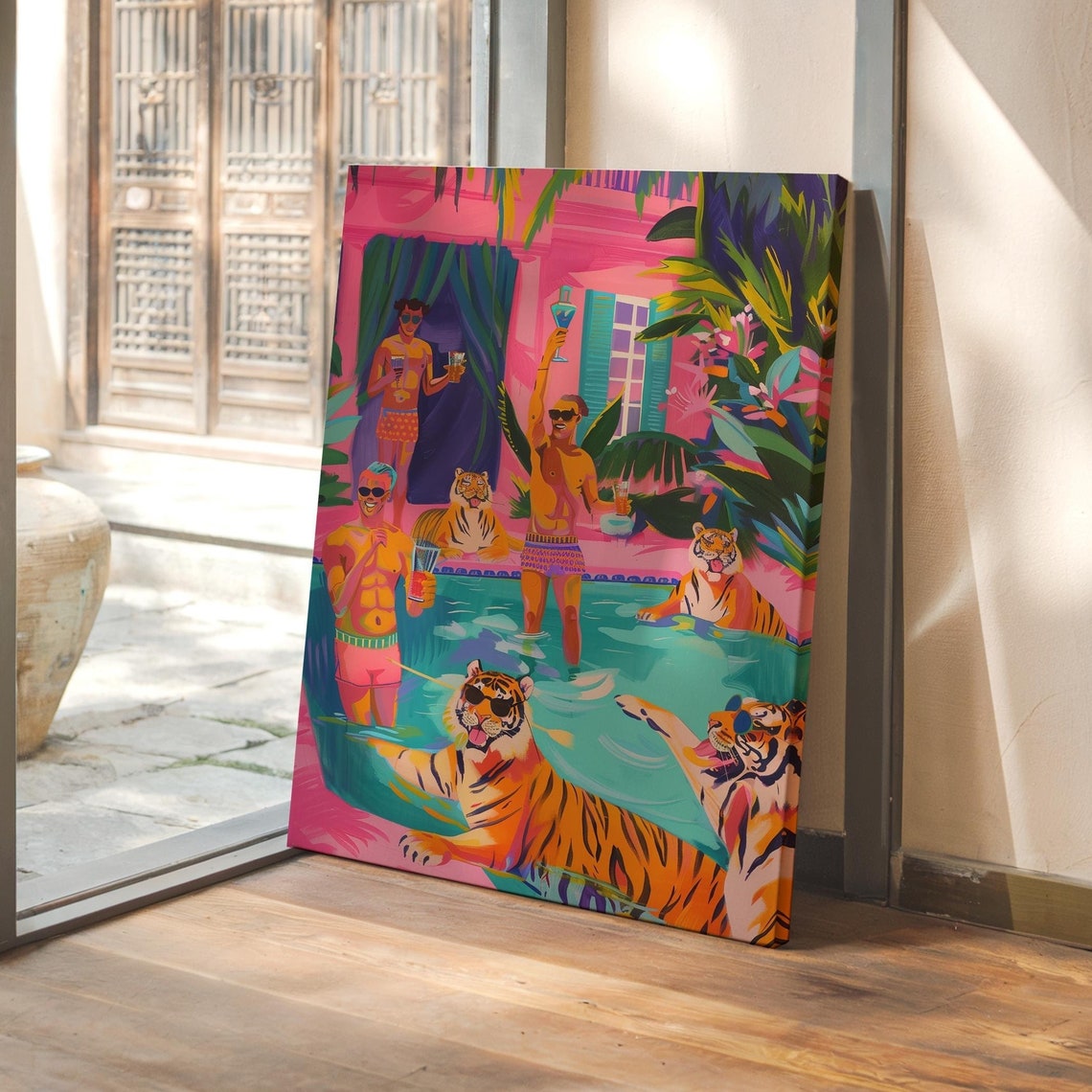 Joyful Tigers and Friends Throwing a Summer Pool Party Poster