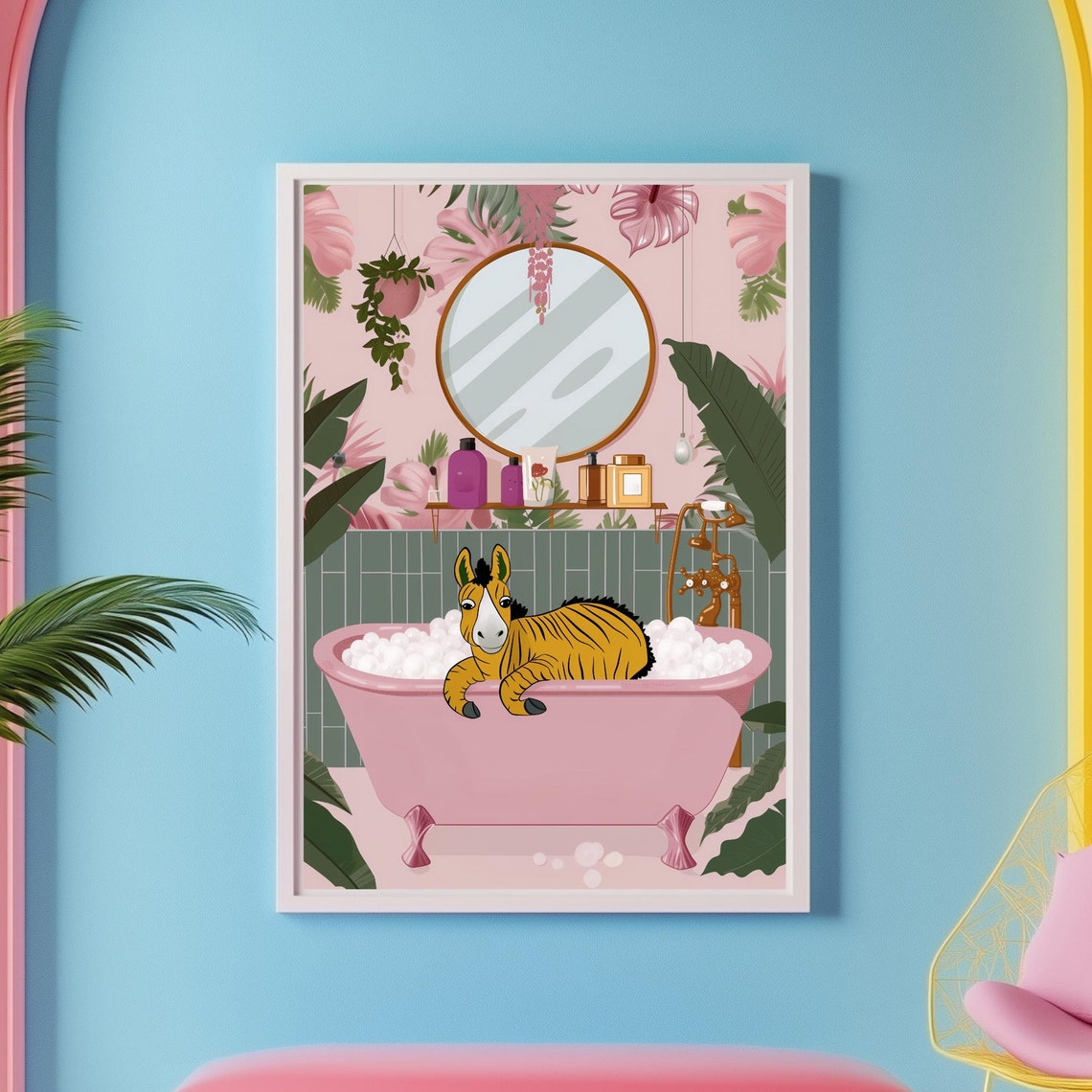 Donkey Artwork Pink Bathroom Decor Funny Bathroom Art Donkey Artwork Toilet Art Bathtub Wall Decor Bathtub Decor Maximalist Donkey Painting
