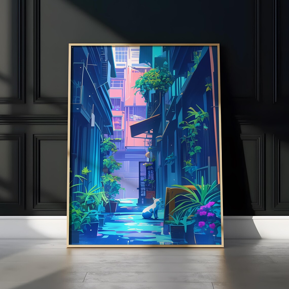 Quiet Anime Alley White Cat Neon Plants Tranquil Cityscape Poster