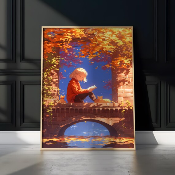 Cozy Anime Girl Reading on Old Stone Bridge in Autumn Poster