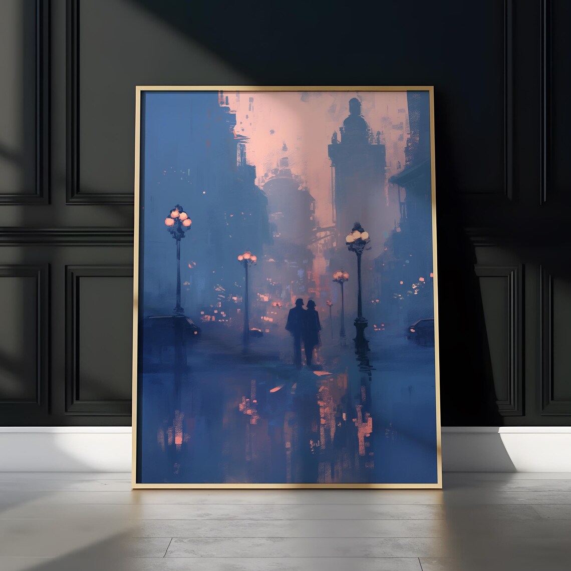 Romantic Couple Silhouette Foggy Blue Lamplit Night Street Poster