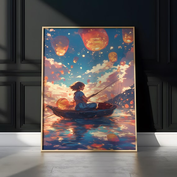 Anime Sunset Fishing Boat Matte Vertical Poster Serene Fantasy Inspired Wall Art Anime Art Print Japanese Style Decor Zen Anime Poster