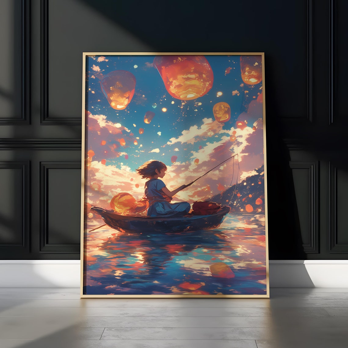 Anime Boy Fishing Sunset Boat Floating Sky Lanterns Magic Poster