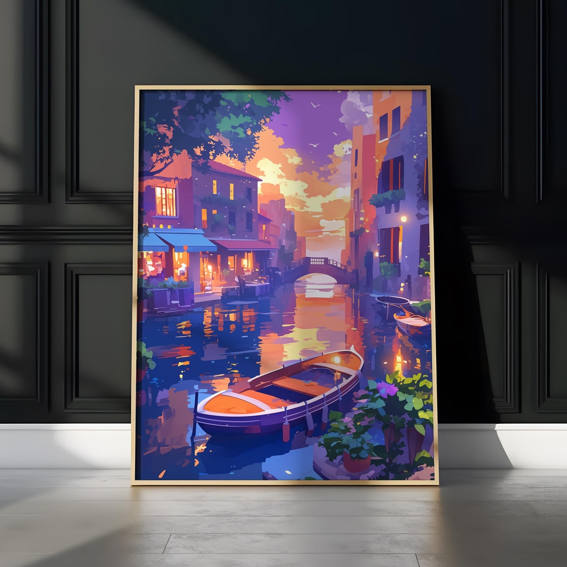 Canal Sunset Wooden Boat Glowing Waterfront Dreamy Evening Art Poster