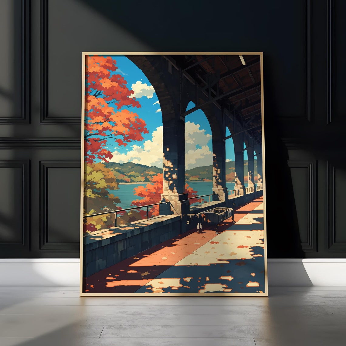 Autumn Terrace Overlooking Lake With Fall Foliage View Poster