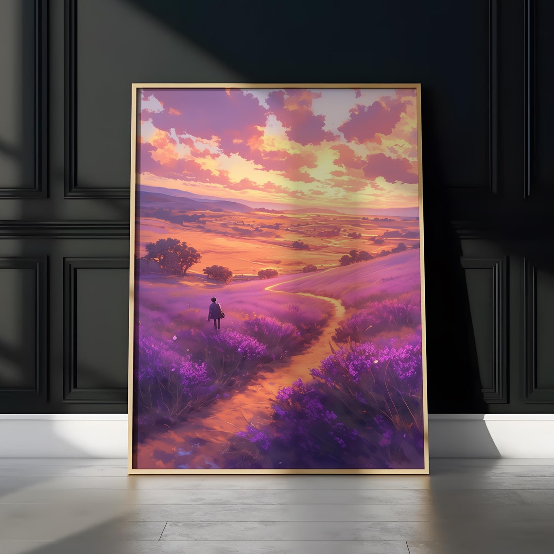 Anime Sunset Lavender Field Wanderer Tranquil Purple Sky Poster