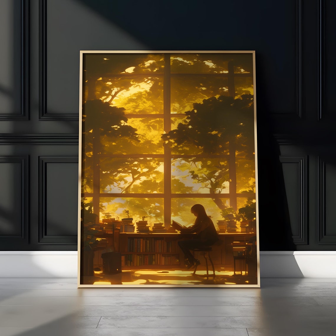 Sunlit Library Reading Nook Golden Sunset Window View Poster