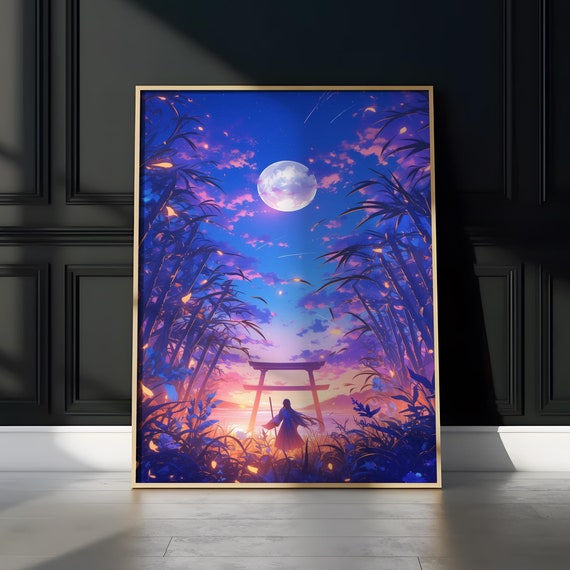 Anime Night Sky Torii Gate Matte Vertical Poster Japanese Landscape Wall Art Serene Moonlight Silhouette Print Mystical Wall Decor