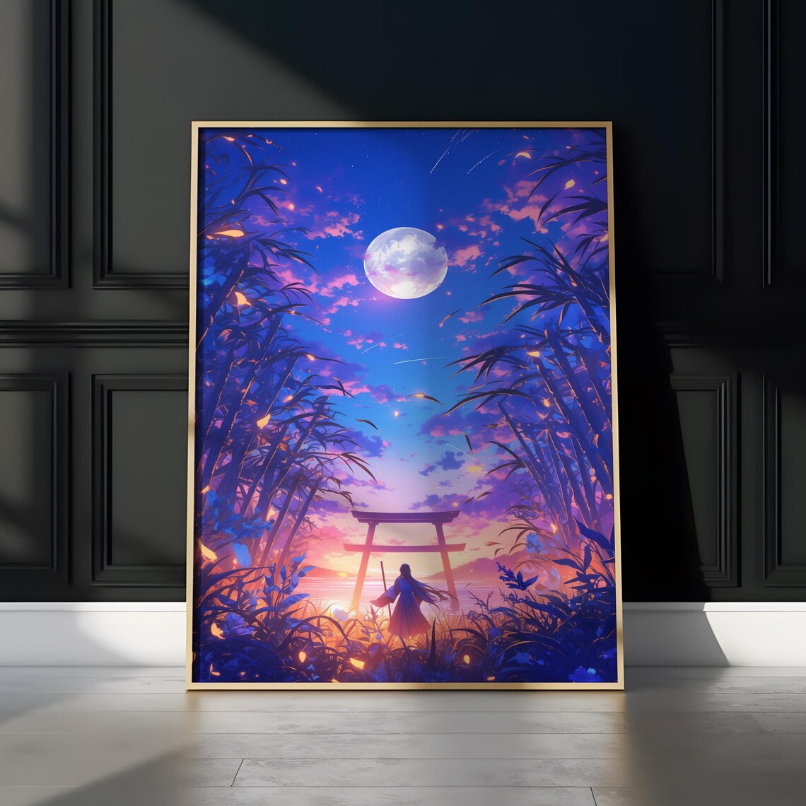 Anime Moonlit Torii Gate Night Ocean Dreamy Bamboo Silhouette Poster