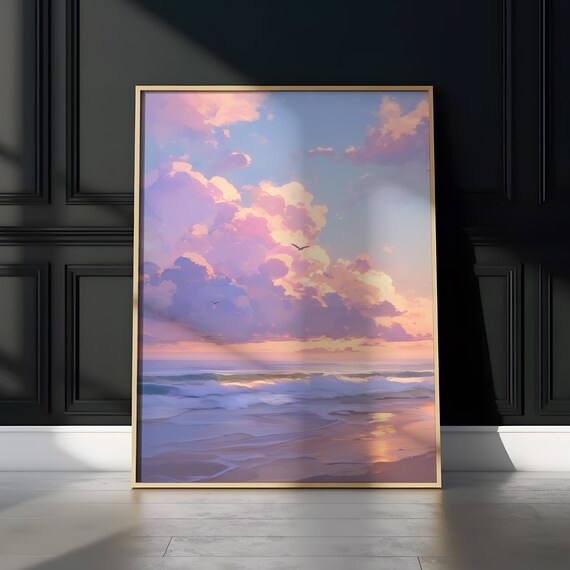 Pastel Beach Sunset Pink Clouds Serene Ocean Waves Shore Poster