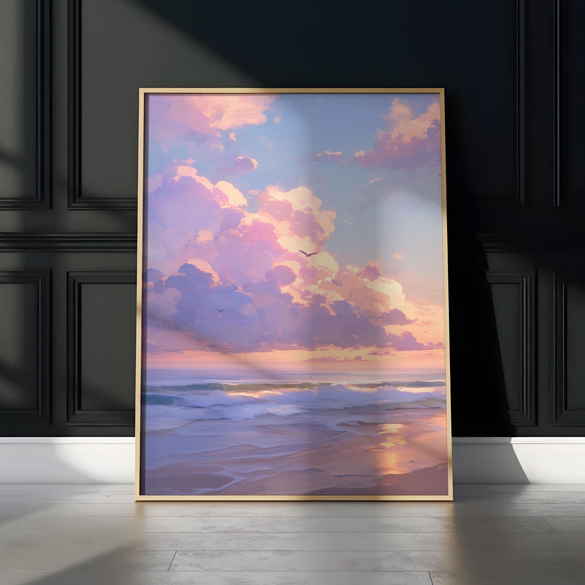 Pastel Beach Sunset Pink Clouds Serene Ocean Waves Shore Poster