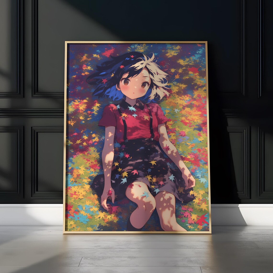 Happy Anime Girl Lying Smiling in Colorful Falling Leaves Poster