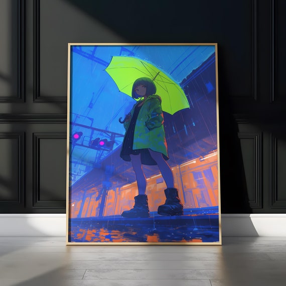Anime Urban Matte Vertical Posters Confident Anime Character In Rainy City Scene Bold Neon Green Coat Edgy Atmosphere Moody Rain Effect