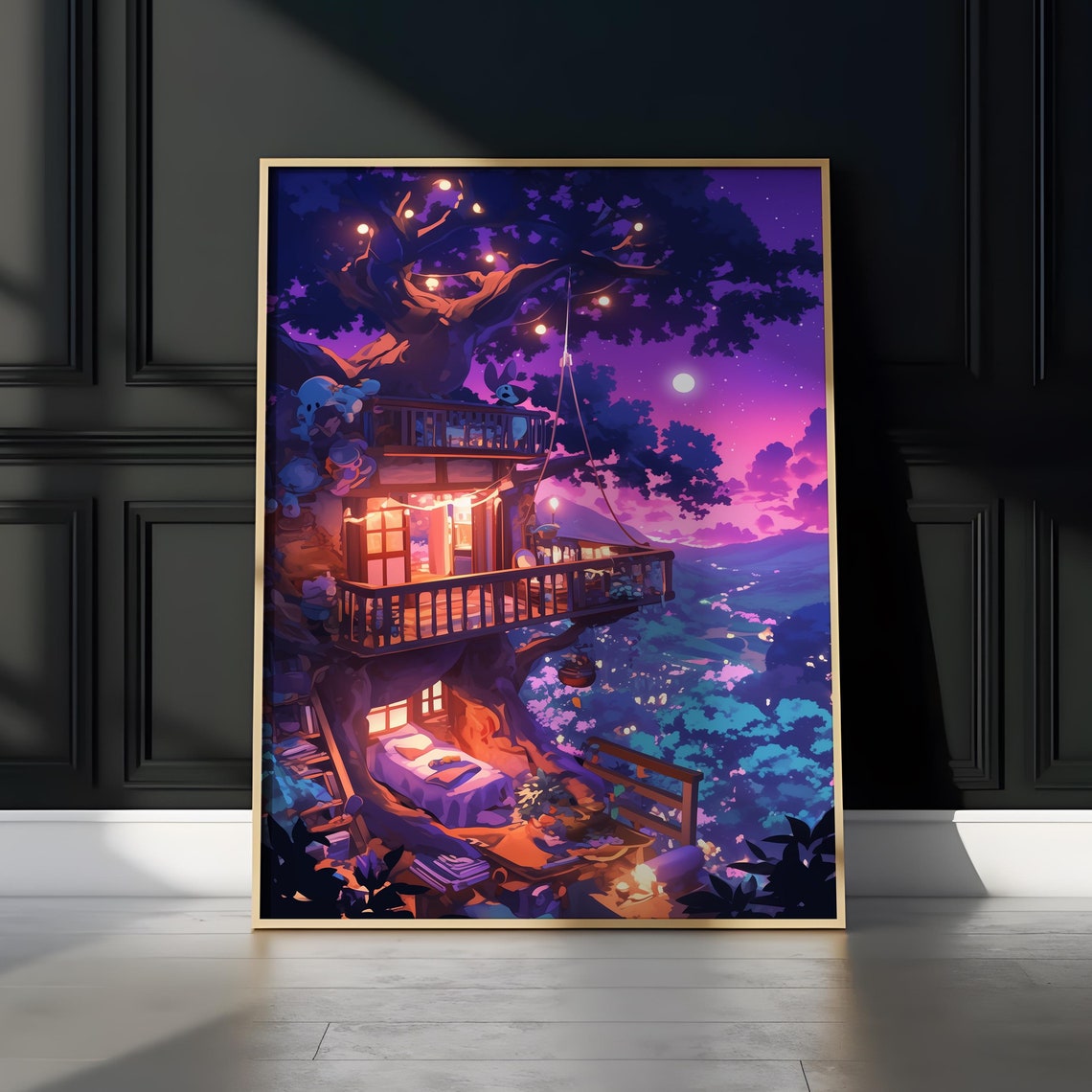Whimsical Treehouse Night String Lights Moon Valley View Art Poster