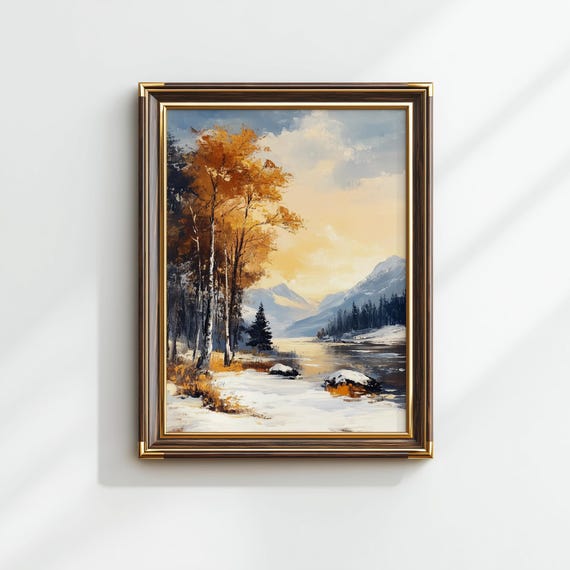 Winter Landscape Art Serene Cottages In Snowy Valley Vintage Rustic Decor Cozy Wall Charming Scene 25